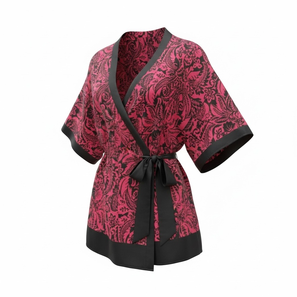 SILK Vintage Red and Black Kimono Style Wrap Top with Satin Tie Closure